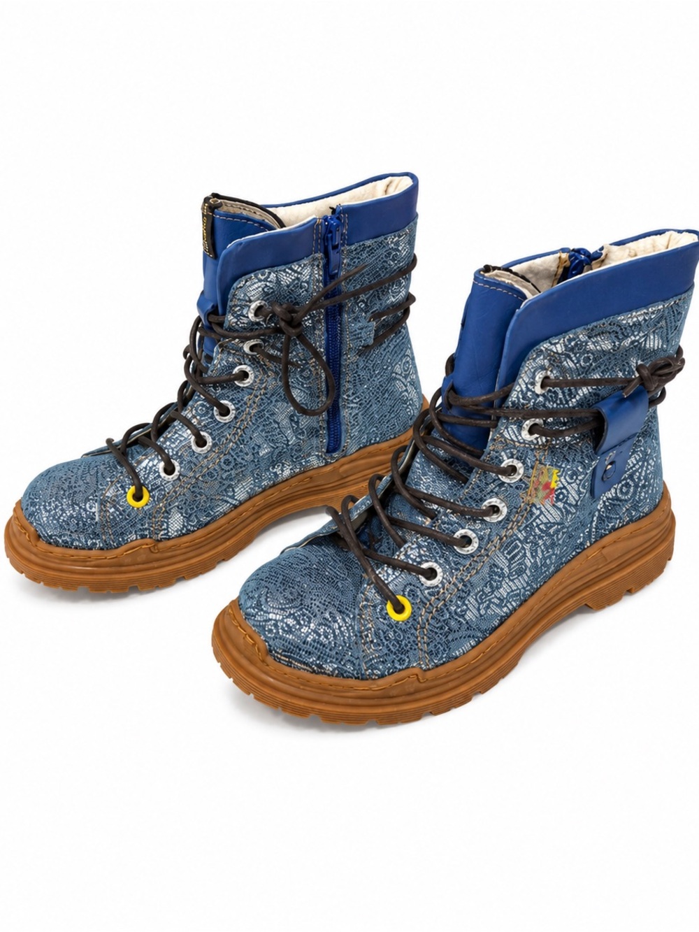 TMA Turquoise Blue Lace-Up Boots With Brown Sole & Side Zipper